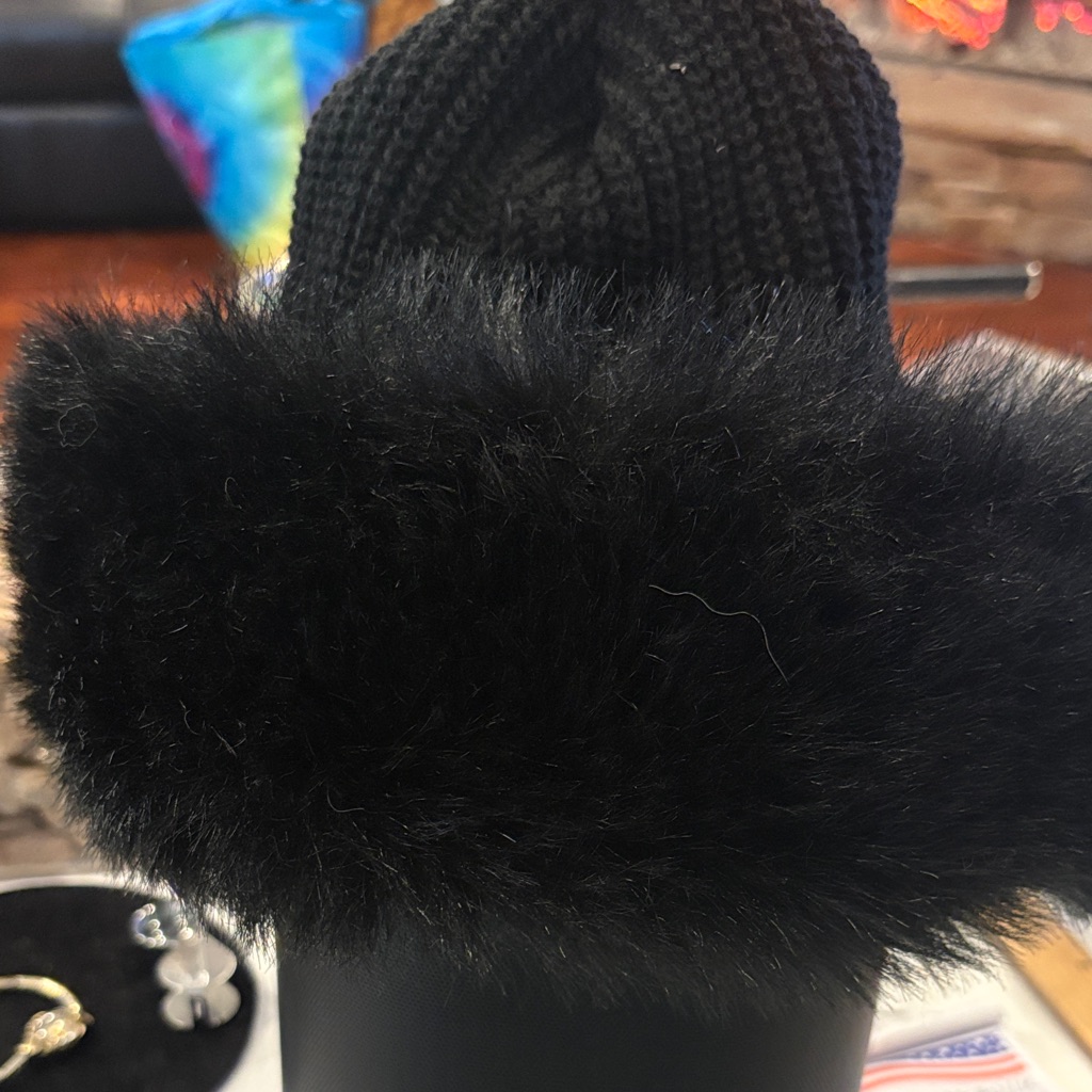 Black Knit Beanie With Faux Fur Trim